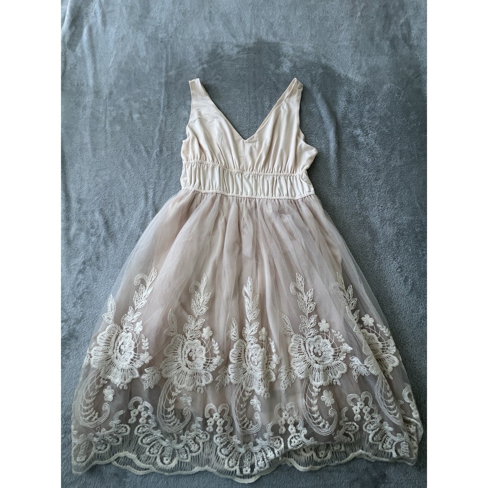 Pinky Womens Dress L Blush Pink Lace Tulle Sleeveless V Neck Fit Flare